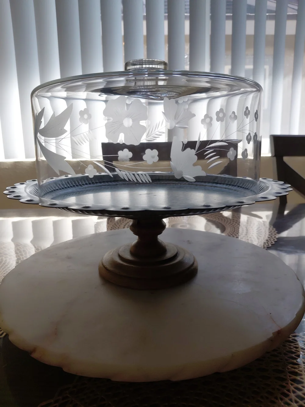 Vintage Floral Etched Glass Pedestal Cake Stand with Domed Lid